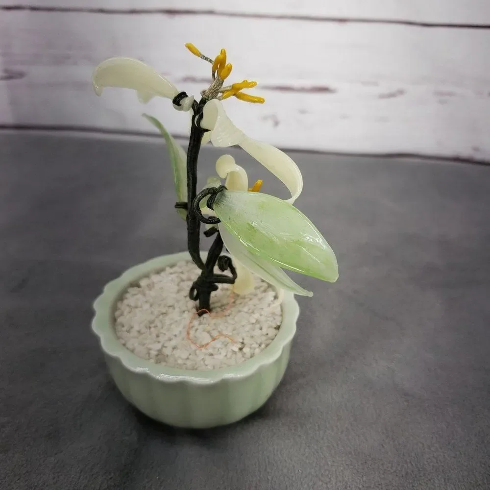 Taiwanese Spinach Jade & Semi Precious Gems Bonsai Tree, Vintage Bonsai Tree, Fl